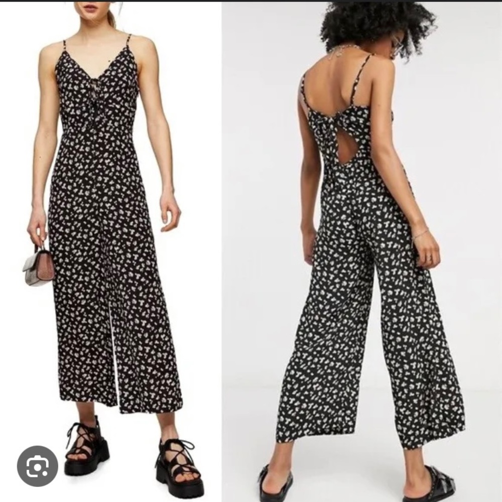 Topshop Floral Tie Front Wide Leg Jumpsuit Black - Petite 0P- 2P US